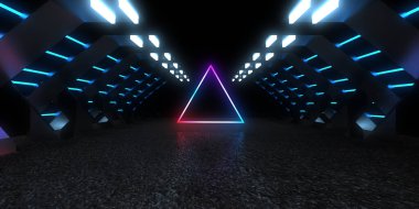 Üç boyutlu soyut arkaplan ve neon ışıkları. Neon tüneli. Uzay inşaatı. 3d illüstrasyon
