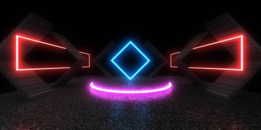 Üç boyutlu soyut arkaplan ve neon ışıkları. Neon tüneli. Uzay inşaatı. 3d illüstrasyon