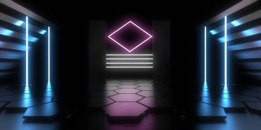 Üç boyutlu soyut arkaplan ve neon ışıkları. Neon tüneli. Uzay inşaatı. 3d illüstrasyon