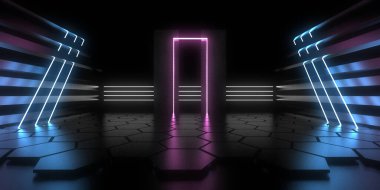Üç boyutlu soyut arkaplan ve neon ışıkları. Neon tüneli. Uzay inşaatı. 3d illüstrasyon