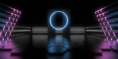 Üç boyutlu soyut arkaplan ve neon ışıkları. Neon tüneli. Uzay inşaatı. 3d illüstrasyon