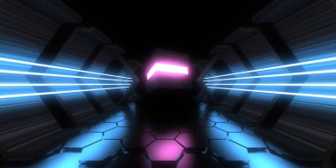 Üç boyutlu soyut arkaplan ve neon ışıkları. Uzay inşaatı. 3d illüstrasyon