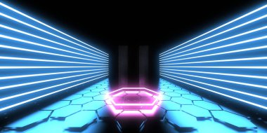 Üç boyutlu soyut arkaplan ve neon ışıkları. Uzay inşaatı. 3d illüstrasyon