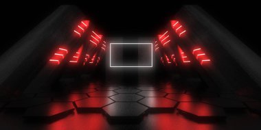 Üç boyutlu soyut arkaplan ve neon ışıkları. Uzay inşaatı. 3d illüstrasyon