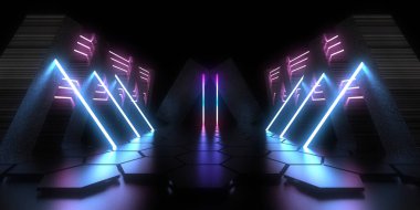 Üç boyutlu soyut arkaplan ve neon ışıkları. Uzay inşaatı. 3d illüstrasyon