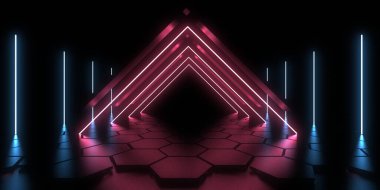 Üç boyutlu soyut arkaplan ve neon ışıkları. Uzay inşaatı. 3d illüstrasyon