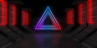 Üç boyutlu soyut arkaplan ve neon ışıkları. Neon tüneli. Uzay inşaatı. 3d illüstrasyon
