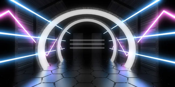 Sfondo Astratto Con Luci Neon Costruzione Tunnel Neon Space Illustrazione — Foto Stock