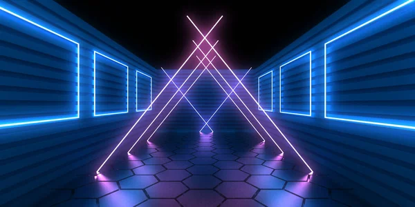 Fundo Abstrato Com Luzes Néon Neon Túnel Space Construção Ilustração — Fotografia de Stock