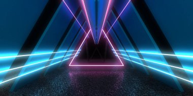 Üç boyutlu soyut arkaplan ve neon ışıkları. Uzay inşaatı. 3d illüstrasyon