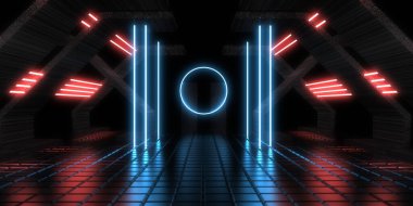 Üç boyutlu soyut arkaplan ve neon ışıkları. Uzay inşaatı. 3d illüstrasyon