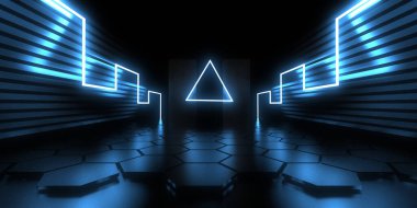 Üç boyutlu soyut arkaplan ve neon ışıkları. Uzay inşaatı. 3d illüstrasyon