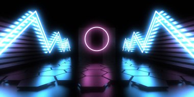 Üç boyutlu soyut arkaplan ve neon ışıkları. Uzay inşaatı. 3d illüstrasyon