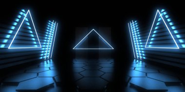 Üç boyutlu soyut arkaplan ve neon ışıkları. Neon tüneli. Uzay inşaatı. 3d illüstrasyon