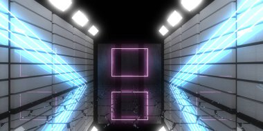 Üç boyutlu soyut arkaplan ve neon ışıkları. Neon tüneli. Uzay inşaatı. 3d illüstrasyon