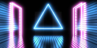 Üç boyutlu soyut arkaplan ve neon ışıkları. Neon tüneli. Uzay inşaatı. 3d illüstrasyon