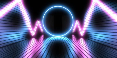 Üç boyutlu soyut arkaplan ve neon ışıkları. Neon tüneli. Uzay inşaatı. 3d illüstrasyon