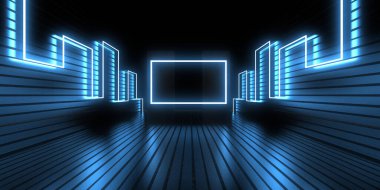 Üç boyutlu soyut arkaplan ve neon ışıkları. Neon tüneli. Uzay inşaatı. 3d illüstrasyon