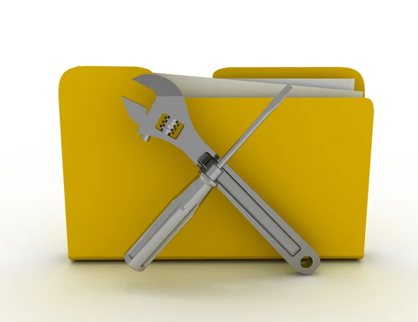 Carpeta amarilla Destornillador y llave inglesa — Foto de Stock