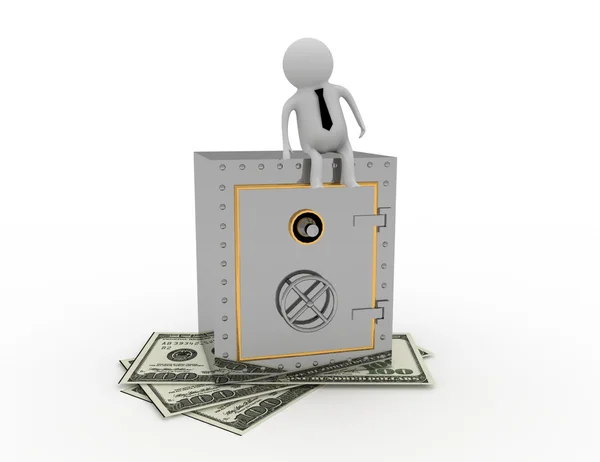 3D man wearing a tie sitting on a safe — Stock Photo, Image