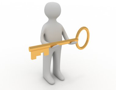3d man giving golden key to another person clipart