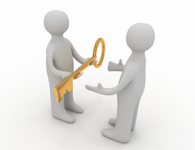 3d man giving golden key to another person clipart
