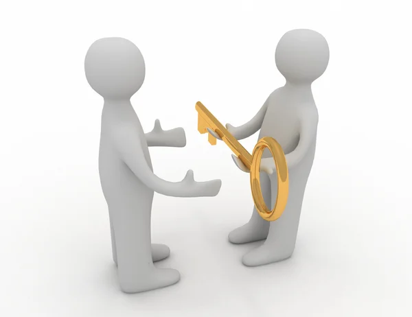 3d man giving golden key to another person — Stock Photo, Image