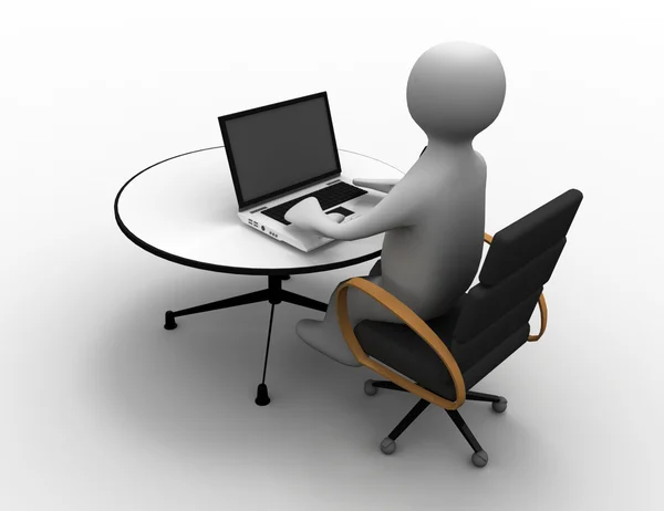 Hombre 3D sentado en la mesa y trabajando en un ordenador portátil —  Fotos de Stock