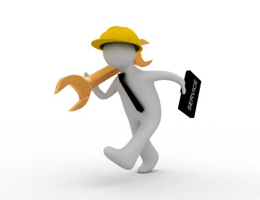 Person wearing a helmet and holding a suitcase and a wrench is r