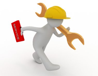 Person wearing a helmet and holding a suitcase and a wrench is r