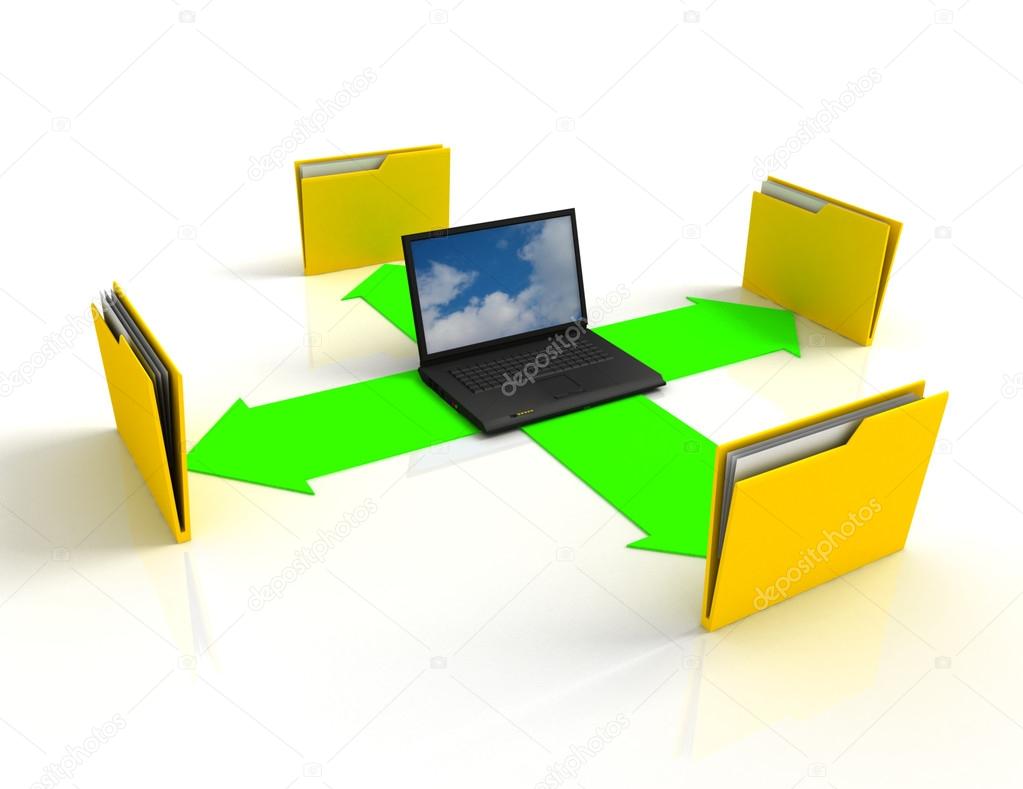 3d laptop. notebooks and folders with documents