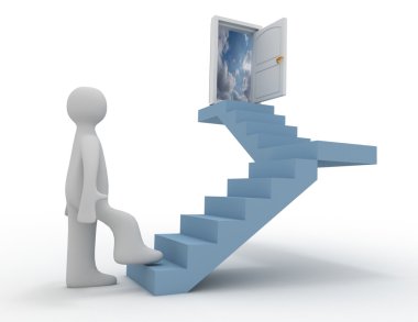 3D insan - insan karakteri, merdivenler ve açık kapı