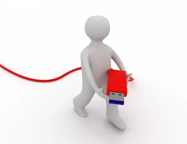 3d rendering of man carrying usb connector interface wire. 3d wh — Stock Photo, Image