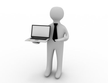 3d beyaz adam ayakta olan bir dizüstü bilgisayar