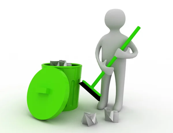 3d white people street sweeper and a trash can — Stock Photo, Image