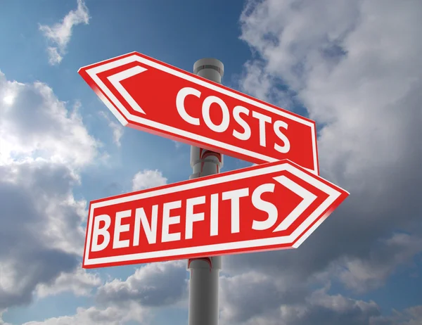 Two road signs - costs vs. benefits Royalty Free Stock Photos