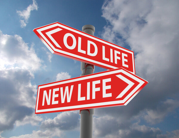 two road signs - new life old life choice