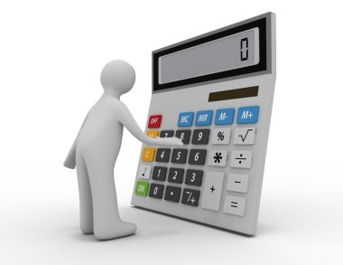 3D adam çalışma ve hesap makinesi konsepti üzerine beyaz arka üzerinde hesaplamak