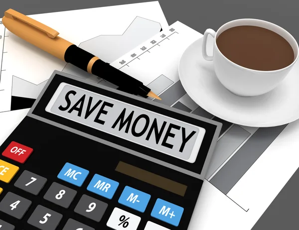 Calculator with the word save money on the display — Stock Photo, Image