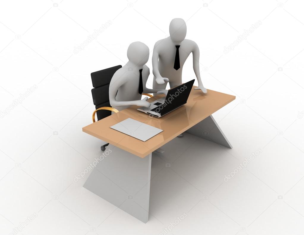 3d two man in office working on laptop.