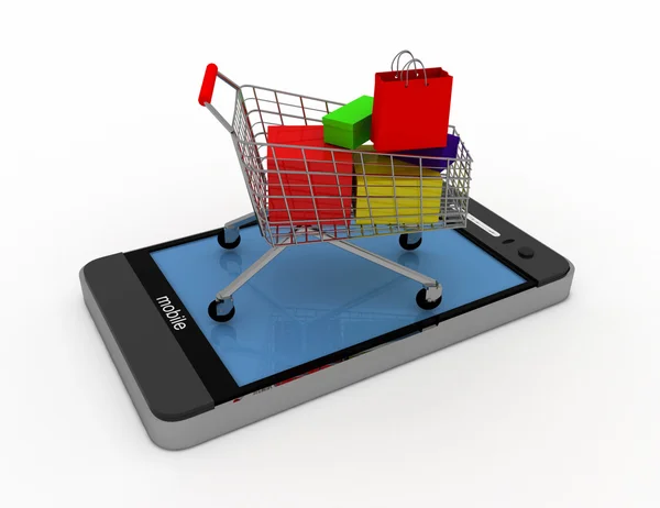 Smartphone 3D e carrello. concetto di shopping online — Foto Stock