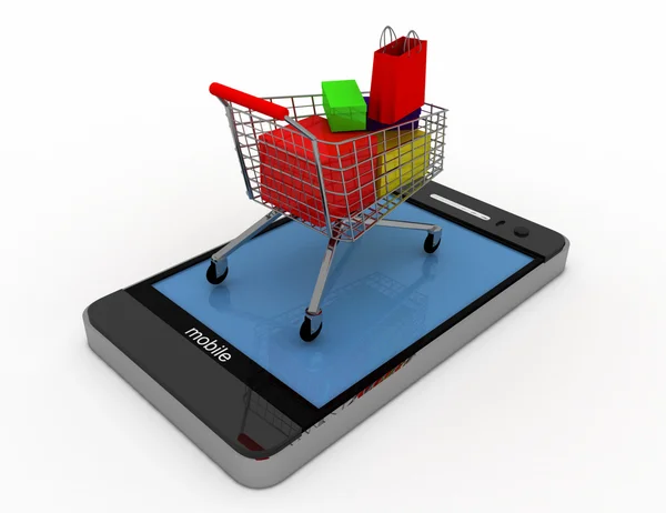 Smartphone 3D e carrello. concetto di shopping online — Foto Stock