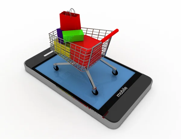 3D-smartphone en kar. online winkelen concept — Stockfoto
