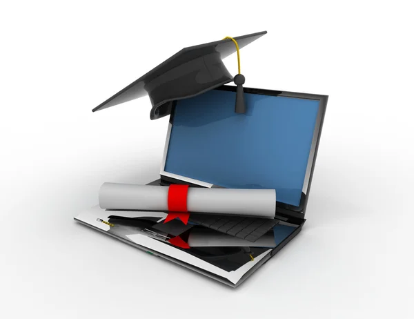 Gorra de graduación con diploma. Concepto de aprendizaje electrónico —  Fotos de Stock