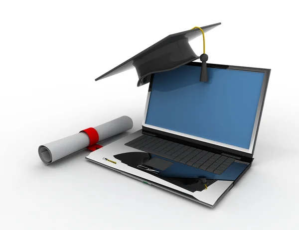 Graduation cap with diploma. e-learning concept — Stock Photo, Image