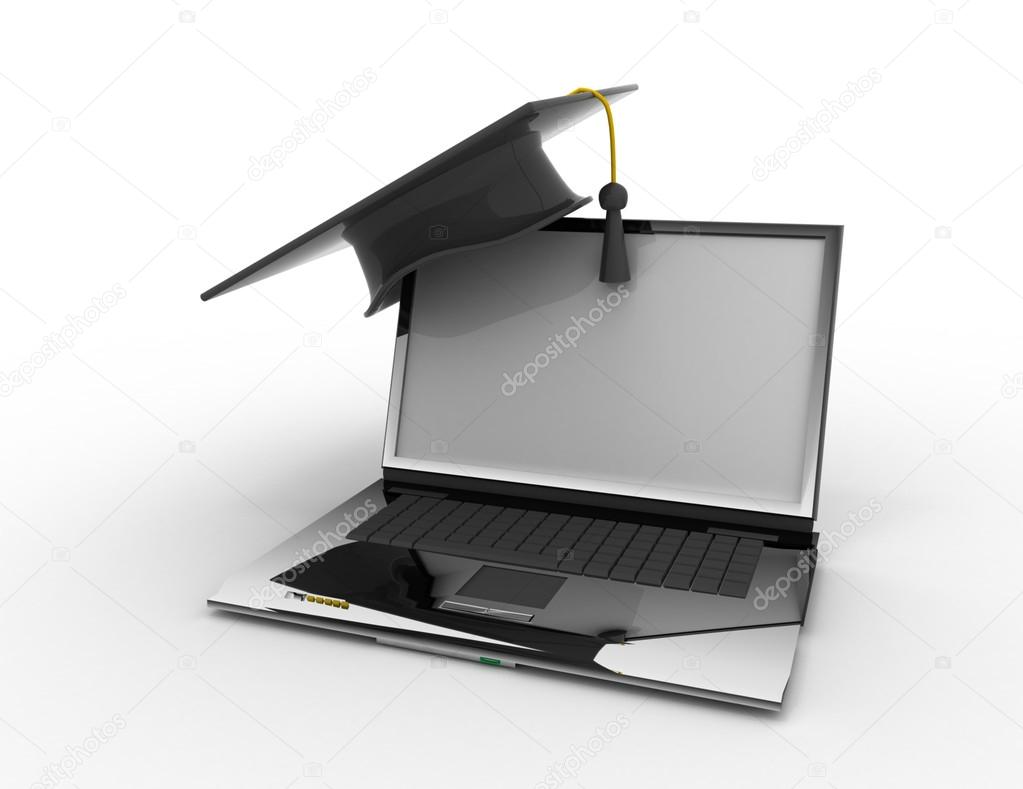 graduation cap with diploma. e-learning concept
