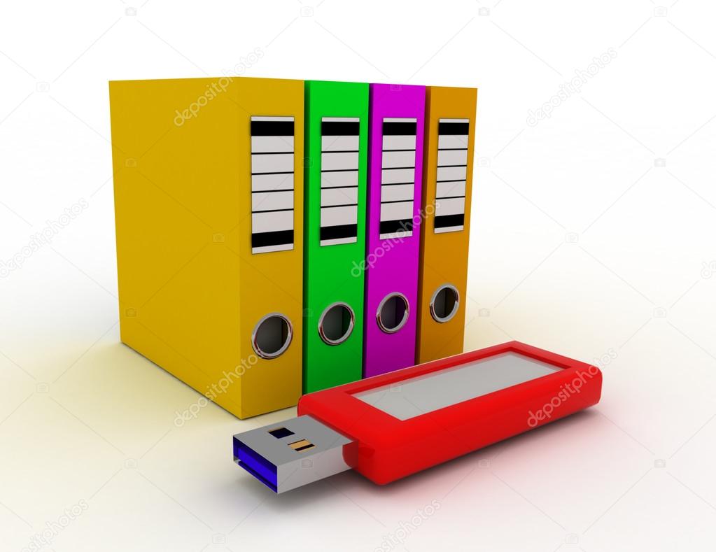 office ring binders with blue usb flash drive. saving data conce