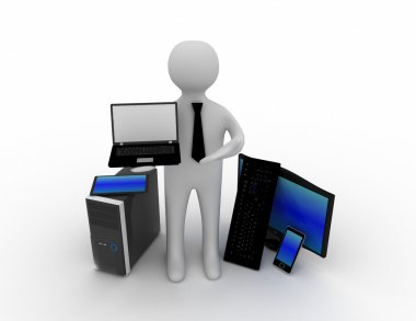 3D insan - insan, kişi ile bir laptop