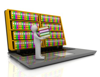 3D Arşiv kavramı. Laptop ve izole beyaz adam dosyaları