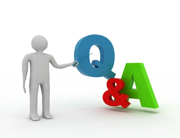 3d man standing and presenting Q and A word questions and answer — Stock Photo, Image